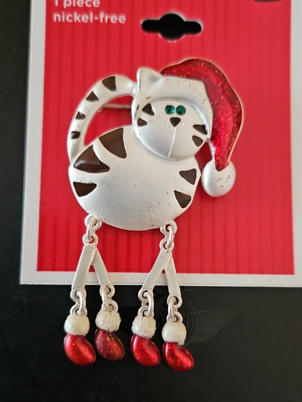 Festive Cat Holiday Brooch Pin in Red and Silver